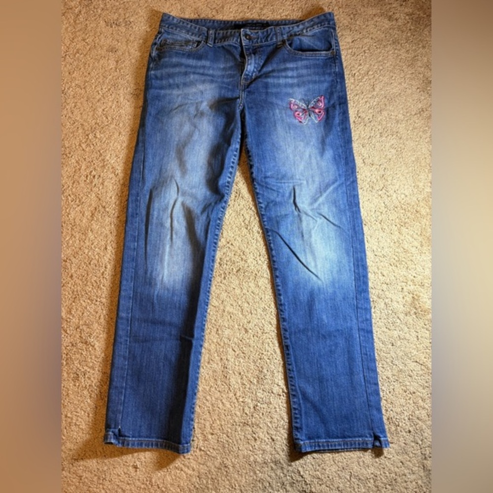 Calvin Klein Jeans Women 14 Skinny Dark Blue Denim Butterfly Embroidered Vintage
